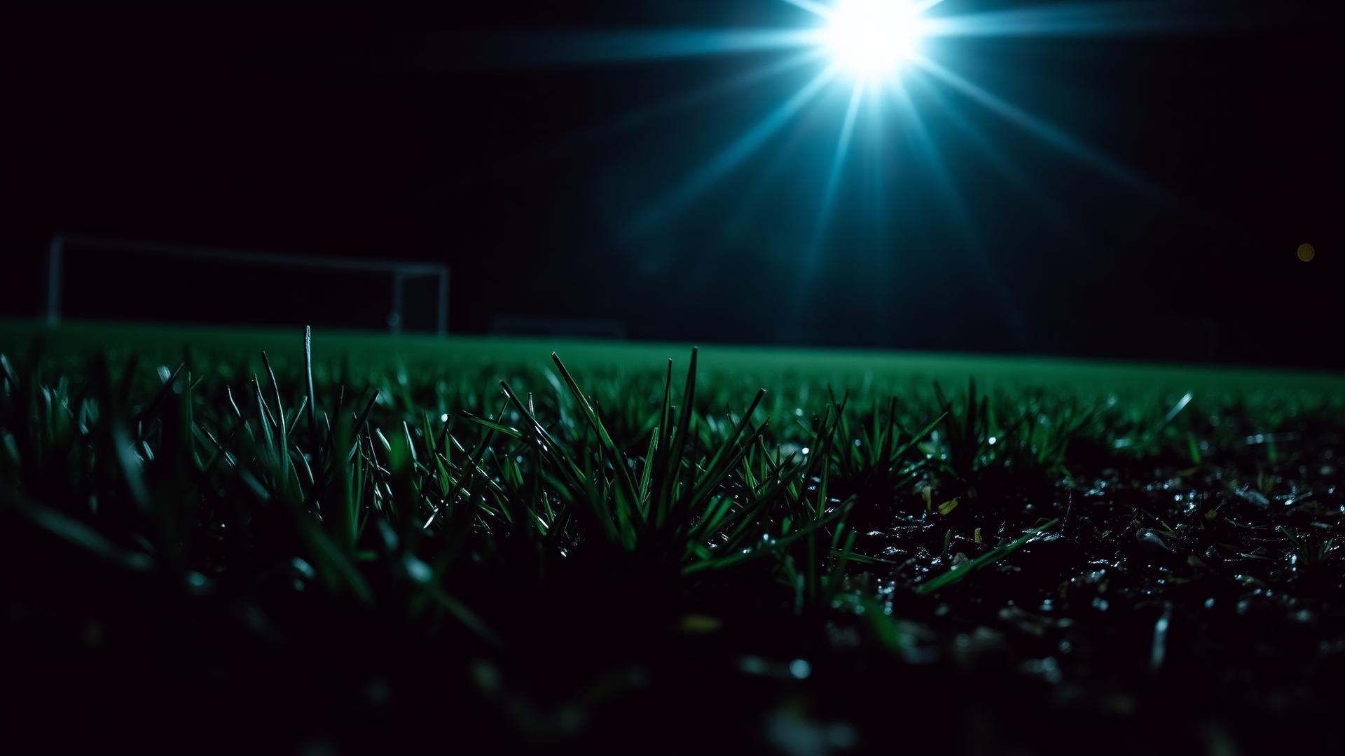 Soccer studs digging into wet turf under stadium floodlights